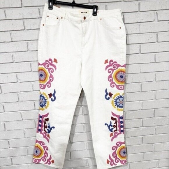 Boden Women’s White Embroidered Denim Jeans – Floral Stitch Detail – Size W33 L - Picture 1 of 14